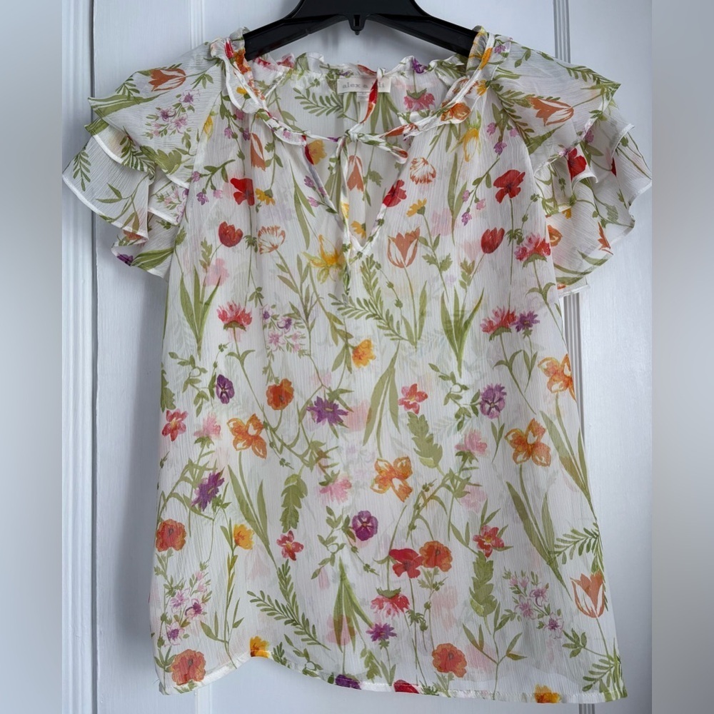 Floral Sheer Ruffle Sleeve Blouse Lightweight Spring Garden Print Top Sz: Medium